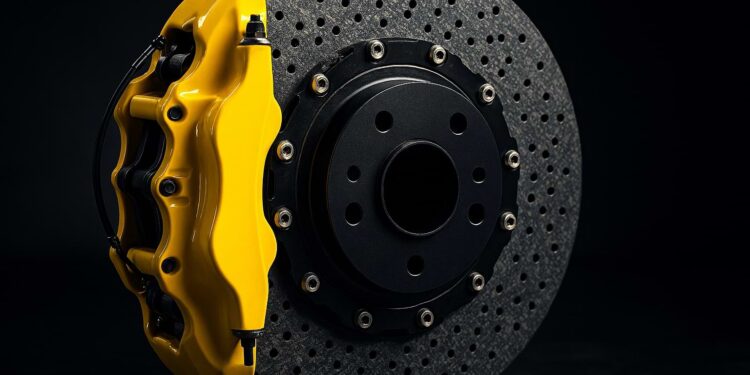 دیسک ترمز سرامیکی با کالیپر زرد و سوراخ های خنک کاری